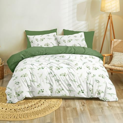 Dreamzie Copripiumino Matrimoniale 220x240 cm con 2 Federe 50x70 cm - In Microfibra - Motivo Botanico Verde Salvia - Set Copripiumino Matrimoniale 220x240