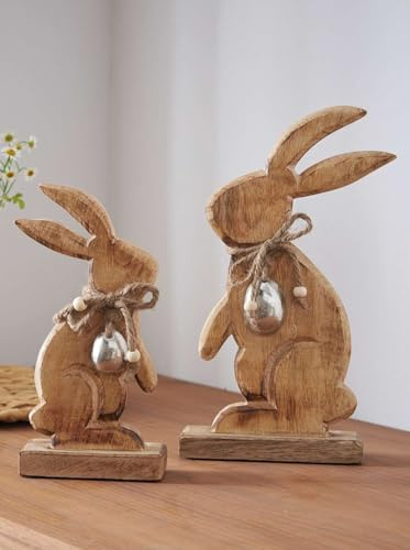 Dekoleidenschaft 2X Dekofigur Osterhase aus Mango Holz, 20 + 26 cm hoch, Osterdeko, Holzdeko, Osterfigur