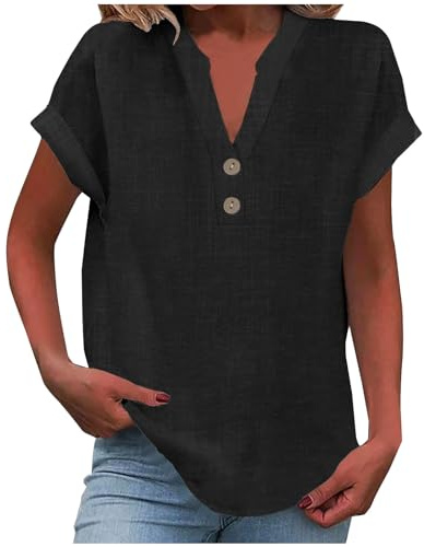 Camisa Mujer Lino Algodón Manga Corta Camiseta Blusa Polo Ligero Verano Moda Casual Color Sólido Cómodo Suelto Cuello en V Botones Tops Elegante Basic tee Talla Grande Transpirable 2025