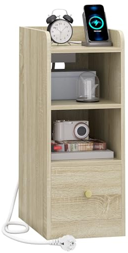 Hzuaneri Sängbord med laddningsstation, USB- och typ C-port, smalt gavelbord med 3 nivåer förvaringsutrymme och 1 låda, nattduksbord för sovrum, vardagsrum, hemmakontor (Eken, 1er Set)