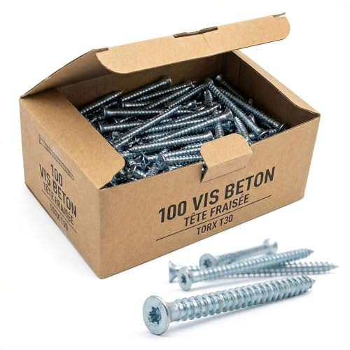 Lot de 100 Vis Béton tête fraisée Torx T30 - turbo spécial huisserie - diam. 7,5mm - Acier Zingué - Longueur 122 mm - Diamètre 7,5 mm