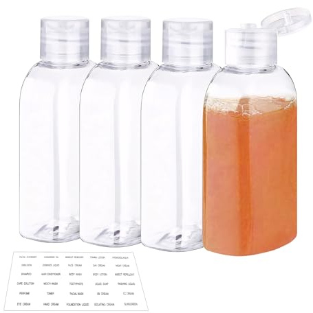 Flacon Voyage 3.4oz/100ml, Plastique Transparent Kit Voyage Avion avec étiquette,Flacon avec Flip Cap Vide Set,pour Cosmétiques, Lotion, Shampoing, Gel Douche (4 Pièces)