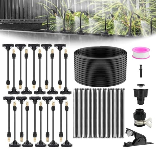 Feelhap Nebulizzatore Giardino,20M Dispositivo di Raffreddamento a Spruzzo,Sistema di Irrigazione curvato a 360° con 20 Giunture a T + 20 Ugelli Nebulizzatori in Ottone,87Pcs Sistema di Nebulizzazione