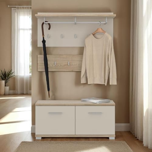 IDIMEX Garderobenset Bilbao 3-teilig, Cremona Eiche/Kaschmir, ideal für Flur und Eingangsbereich, mit 9 Haken, Kleiderstange, Hutablage und Schuhbank