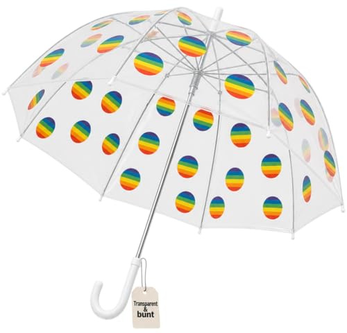 MIJOMA Ombrello a cupola trasparente con punti arcobaleno, apertura automatica, antivento ed elegante, Ø 85 cm, design LGBTQ+, per donne, uomini e bambini