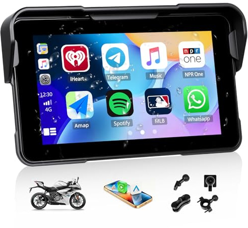 SIXWIN Motorrad Carplay Display für Moto mit Wireless Carplay Android Auto, 5 Zoll HD Touchscreen Bildschirm IP68 Wasserdicht Motorcycle GPS-Navigation Dual-Bluetooth Sprachsteuerung