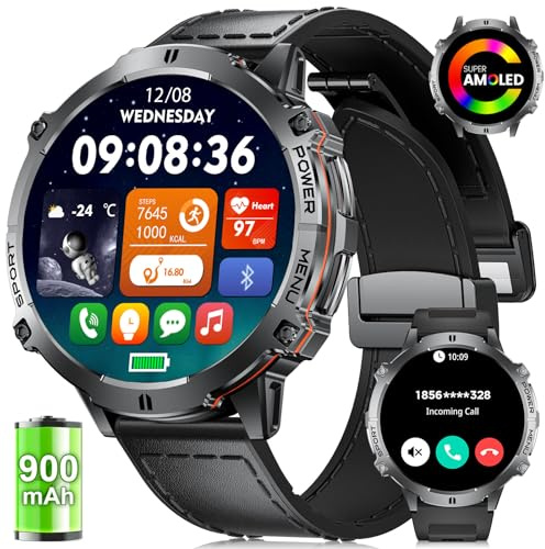 LIGE Smartwatch Herren mit Telefonfunktion, 900mAh/1.73 HD Amoled Display Sportuhr mit 110+ Sportmodi/IP68 Wasserdicht, Fitness Tracker mit Herzfrequenz/Schlafmonitor for Android iOS, Leder Gurte