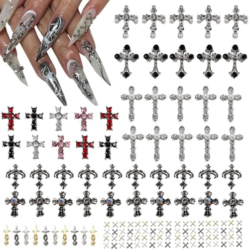 CharmeFleur 100 pcs Charms Croix pour Ongles, Décoration d'Ongles 3D, Perles, Pierres Précieuses Diamant, Studs de Cristal Métallique
