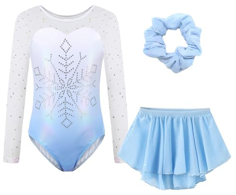 Happy Cherry Turnanzug Mädchen Langarm Gymnastikanzug mit Tüllrock Haarband Set Kinder Turnen Trikot Gymnastik Tanzen Kleidung Blaue Schneeflocken 7-8 Jahre