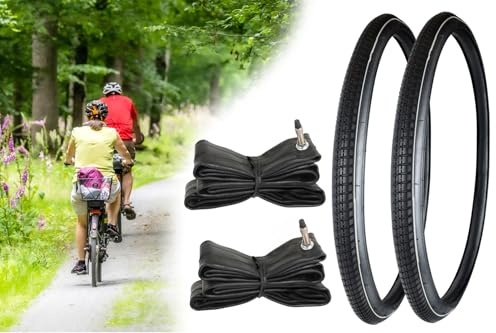 2X Fahrradreifen 1 1/2 x 28 Zoll ETRTO 40-622/635 mit weißer Linie + 2X Schlauch Dunlop Fahrrad Ventil, Reifen Citybike, Trekking Bike, Touren