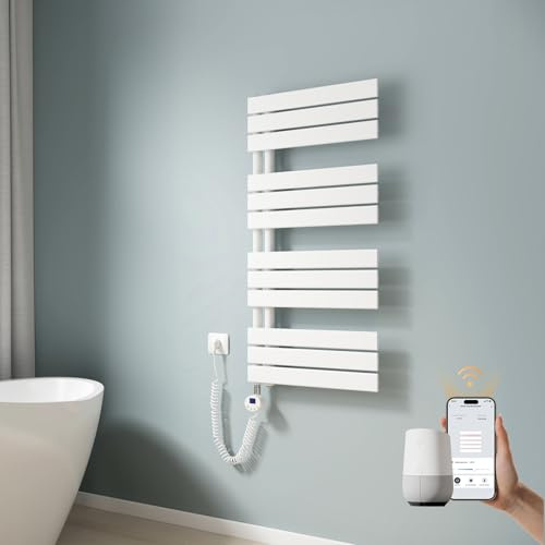 EMKE WLAN Handtuchheizkörper Elektrisch 1041x500 mm, Flach Badheizkörper Handtuchhalter Elektrisch, Elektrischer Handtuchwärmer Handtuchtrockner Handtuchheizung mit Thermostat und Heizstab, 600W Weiß