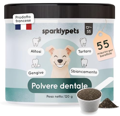 SparklyPets - Poudre Dentaire pour Chien - Nettoyant Anti-Tartre et Plaque, Blancheur Dentaire, Mauvaise Haleine, Gencives - Eucalyptus, Prébiotiques - Marque Française - 120g (55 Cuillères)