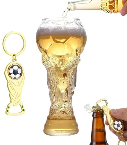 Trophy Style 560ML Beer Glass for 2026 World Cup, Large Beer Mug with Football Bottle Opener for 2026 Football Match Day Bar Watch Party & Gift for Father Men Soccer Fans