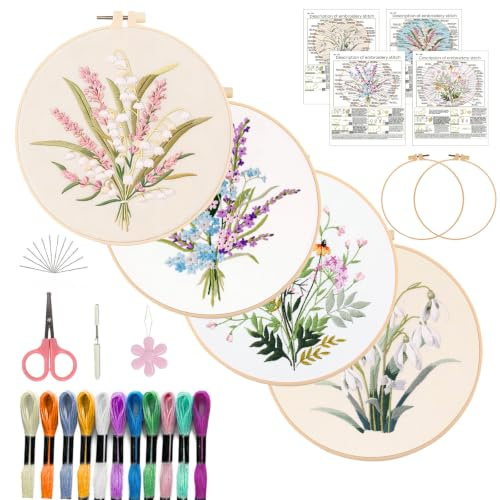 SHIPKEY 4 uppsättningar nybörjare broderi kit – korsstygn startset med stämplade mönster | 4 blomdesigner (FlowerC)