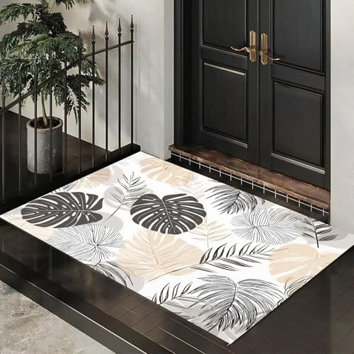 Zerbino Ingresso 50X80Cm, Monstera Deliziosa Con Strisce Illustrazioni Della Natura Tappetino Antiscivolo Lavabile, Asciugapassi Assorbente Per Interno Ed Esterno, Ideale Per Casa E Ufficio, Beige