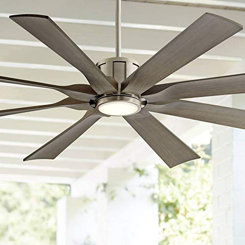 Possini Euro Design 60 Defender Modern Large Outdoor Ceiling Fan with LED Light Remote Control Brushed Nickel Weathered Oak Blades Dimmable Damp Rated for Patio Exterior House Porch Gazebo Garage