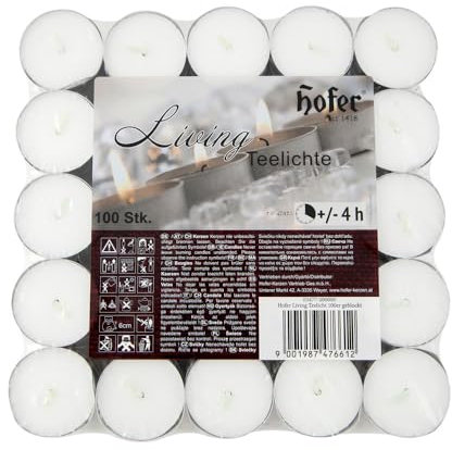 Hofer - Kerzen Teelichter, tealight ohne duft, 100 Stück Set, in Metallhülsen, bis zu 4h Brenndauer, Durchmesser 38 mm, Farbe weiß, Tropffrei Wachskerzens, Hergestellt in Österreich