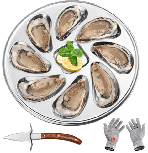 xianzhanEU 1 assiette à huîtres en acier inoxydable 8 fentes avec couteau à huîtres et gants, utilisable pour placer des huîtres, des coquilles Saint-Jacques