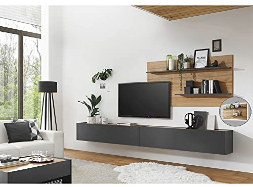 Lomadox Wohnzimmer Set in anthrazit mit Absetzungen in Wotan Eiche Nb., B/H/T: ca. 300/180/30 cm