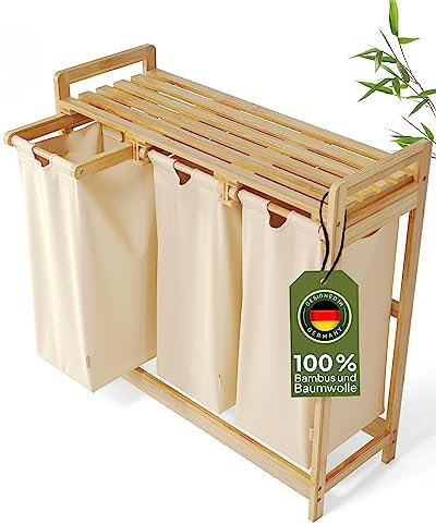 AMBIAVO® Wäschekorb 3 Fächer Beige – Wäschesammler mit Ablage, 90L – Bambus Wäschesortierer & Schmutzwäschebehälter – Wäschekorb mit Ablage – Wäsche Sortiersystem für Ordnung im Haushalt