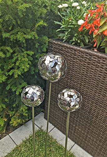 Jürgen Bocker Gartenambiente 3er Set Rosenkugel Flower Edelstahl matt gebürstet mit Stab 80 cm (15/10/10 cm)