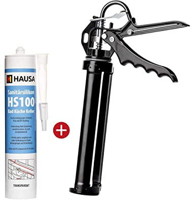 Sanitär-Silikon HS100 transparent 310ml + Kartuschenpistole PRO18 Silikon-Dichtstoff für Bad Dusche Küche + Kartuschenpresse 18:1 Übersetzung für 290-310ml Kartusche HAUSA