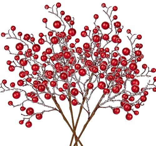 Oairse 4er Set Kunstpflanze Kunstzweig Künstlicher Beerenzweig Weihnachten deko Glitzer, Dekorative Zweige mit Beeren Künstliche Holly Berry für Weihnachtsbaum, Christbaumschmuck, Rot