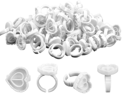 OVALA 100pcs Glue Rings Smart Glue Cups Lash Glue Holder Ring Cup,Disposable Glue Cups Lash Glue Rings Lovely Heart Shape for Eyelash Extensions(WHITE)