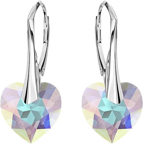 Boucles d'oreilles en forme de cœur en argent 925 et zircons autrichiens - Bijoux pour femmes et filles - Boucles d'oreilles pendantes idéales pour les cadeaux pour les femmes - Boucles d'oreilles