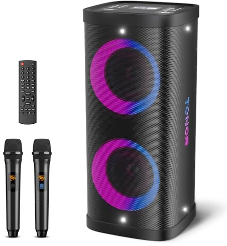 Karaoke Maschine mit 2 drahtlosen Funkmikrofonen Mic für Erwachsene Kinder, TONOR Bluetooth PA Lautsprechersystem mit LED Lichtern wiederaufladbarer Batterie, ideal für Heim&Draußen Karaoke Partys K61