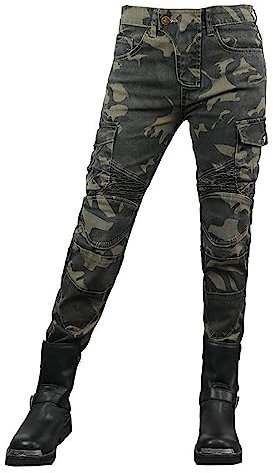 RVUEM Motorradhose FüR Damen, Bikerhose, Damen Motorrad Camouflage Schutz Jeans, Motocross Stretch Rennhose, Mit Abnehmbaren RüStungen,Grün,Size: L