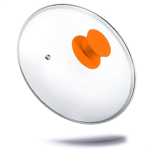 Kerafactum Topfdeckel Pfannendeckel aus Glas Ø 14cm spülmaschinenfest hitzebeständiger Universaldeckel für Topf Pfanne gehärtetes Qualitätsglas Glasdeckel mit Dampfloch hitzefester Griff Orange