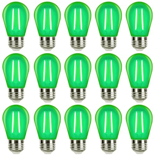 Green S14 LED Bulbs 2 Watt Replacement Bulbs for Outdoor String Lights, Plastic Shatterproof Waterproof E26 Base Vintage LED Filament Decorative Colored Light Bulbs for Halloween Christmas, 15 Pack