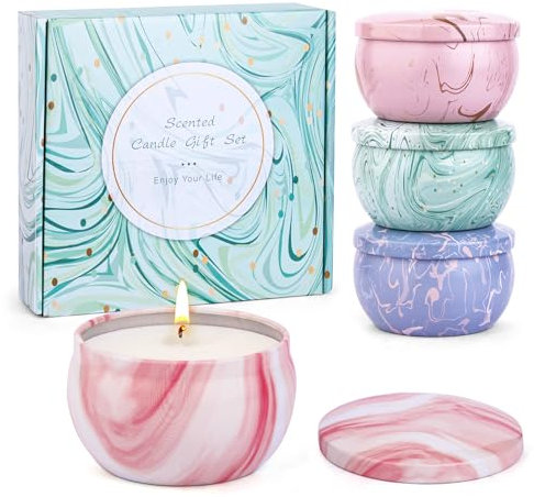 Tenuiskft Candele Profumate Set per Donne, Regalo di Natale, 4 Packs Candele Profumate con Coperchio, Durata 100 ore, in Cera di Soia per Alleviare lo Stress, Regalo di Compleanno per la Famiglia