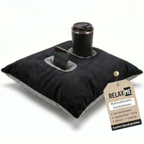 Nurtextil24 Relax ME Kissen Getränkehalter Sofakissen 40x40 cm Schwarzgrau | Multifunktional Allzweckkissen -Tablett & Getränkebehälter- Tolles Geschenk Idee - Sofakissen, Kopfkissen, Reisekissen
