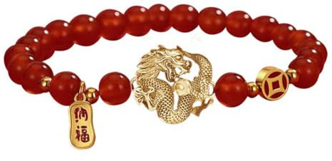 jileijar Bracelet de Nouvel An du dragon 2024 Feng Shui - Amulette porte-bonheur - Bracelet élastique à perles - Bracelet à pendentif en forme de lettre chinoise Fu - Bijoux de printemps - Cadeaux de