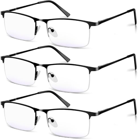 WEIMELTOY 3 Pack Blue Light Blocking Reading Glasses for Men, Stylish Half Frame Metal Computer Readers, Lightweight Spring Hinge Eyeglasses Anti Eyestrain/Glare/UV (Black, 1.5)