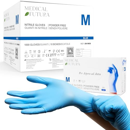 MEDICAL FUTURA - 1000 Nitrilhandschuhe M Blau Einweghandschuhe Anallergisch 4.0g, Puderfrei, Latexfrei, Für Kosmetiker, Tätowierer, Werkstätten, Lebensmittelverarbeitung (M, Blau)
