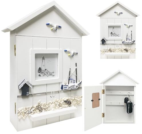 Bocguy Cassetta Portachiavi in Legno, Stile Barca Portachiavi da Parete, Cassetta Portachiavi da Parete con 6 Ganci per Chiavi, per Montaggio a Parete, Corridoio, Ufficio, 30 x 22 x 6.5cm