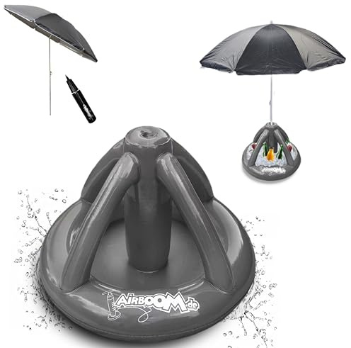 Airboom KOMPLETT-Set- aufblasbarer Schirmständer für Strandschirme Getränkekühler Sonnenschirmhalter Strand Camping Sonnenschutz (grau) inkl. Strandschirm 160cm und Pumpe