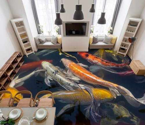 Benutzerdefinierte Selbstklebende Boden Wandtapete 3D Gelber Goldfisch, 430 * 300cm Bodenfliesen Aufkleber Wohnzimmer Studie Pvc Wasserdicht Tragen 3D Bodenbelag Tapete
