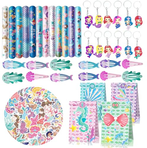 Geschenk zum Geburtstag Meerjungfrau, 98 Stück, Meerjungfrau, Geschenkbeutel, Schlüsselanhänger, Haarclips, Party Accessoires, Mädchen, Meerjungfrauen, Partyaccessoires