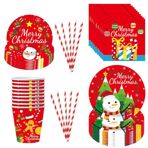 50 Pcs Christmas Party Tableware,Merry Christmas Tableware Set Birthday Paper Plates Napkins Cups Set,Party Plates Cups and Napkins for Christmas Party Tableware Decorations,10 Guests