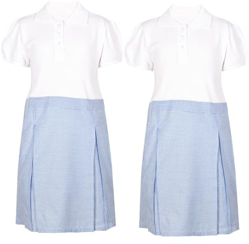 A2Z 4 Kids Flickor Packa Av 2 Skola Enhetlig Klä Kort Ärmar Bekväm Gingham - UF Dress 861 2 Pack Blue 4-5
