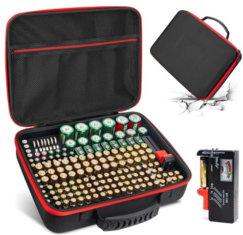 Bjabtan Battery Organizer Storage Case with Tester, Hardshell Portable Checker Carrying Case Holds 200+ Batteries AA AAA AAAA C D 9V, Battery Organizer Storage Box