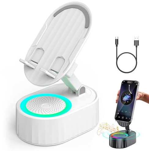 CHENRI Handyständer mit Induktionslautsprecher/Powerbank/Atmosphärenlicht, Bluetooth Lautsprecher mit Handyständer, Faltbarer Handyhalterung mit LED Licht, Geschenke für Frauen und Männer (Weiß)
