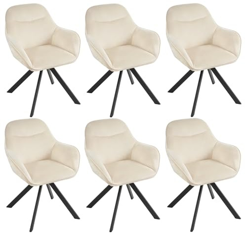Goeurvant Esszimmerstühle Drehbar 6er Set mit Armlehne, 360° drehbar, Polsterstuhl Samt, Drehstuhl Esszimmer, Küchenstuhl mit Metallbeine für Esszimmer, Küche, Elfenbein