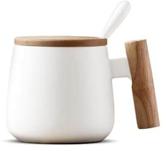 BALTHŌ - Taza blanca cerámica desayuno para café y té grande (350ml). Estilo moderno y minimalista. Tapa y asa de madera, con cuchara. Cafe con leche, capuccino, latte. Regalo Desayuno (Blanca)
