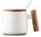BALTHŌ - Taza de cerámica para café y té grande (350ml). Estilo nórdico y minimalista. Tapa y asa de madera, con cuchara. Espresso, capuccino, latte. Desayuno (Blanca)