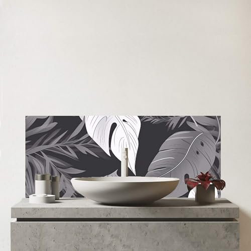 Warren Reed - Designer Premium Black White Tropical Leaves Glass Bathroom Splashback 6mm Toughened Glass – Water-Resistant Wall Protector for Basins & Sinks, Polished Edges